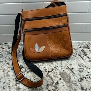 Boho Leather Crossbody Bag Messenger Style Decorative Stitching & Sewn Accent